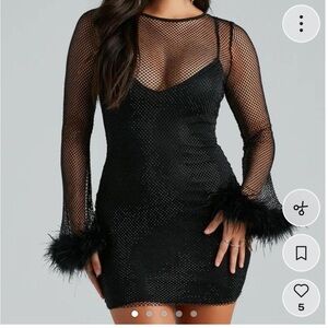 Windsor Black Feather-Cuff Mesh Mini Dress